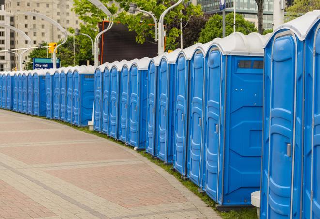 a line of spacious and well-maintained portable restrooms in Des Plaines, IL